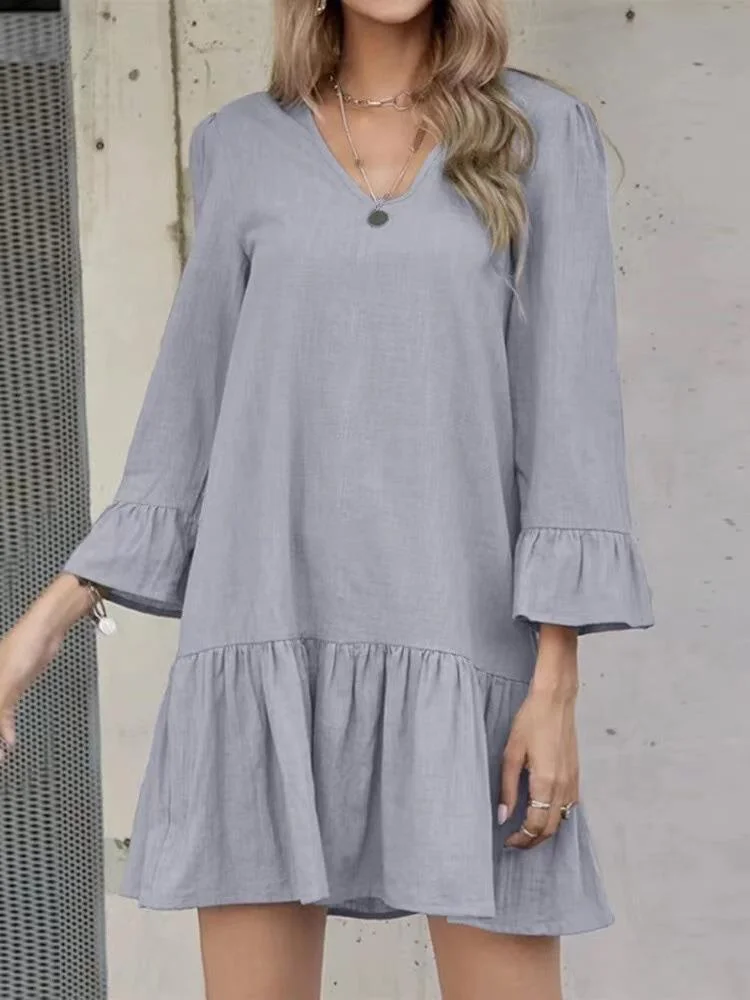 Women's V-Neck Solid Cotton Linen Pleated Midi Dress