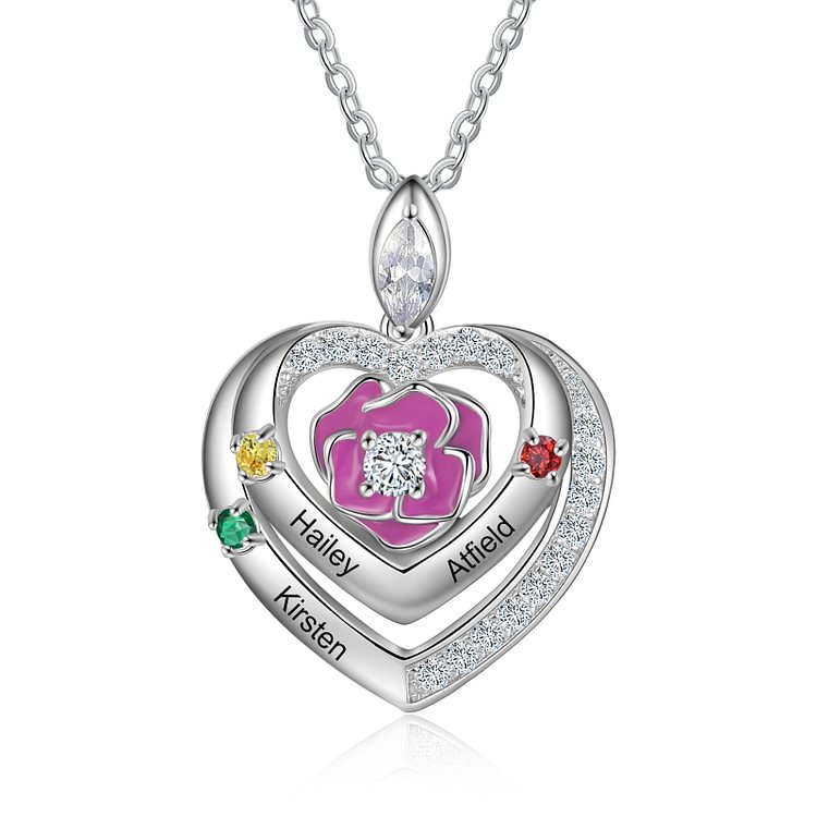 Collar de plata 925 con 3 colgantes de corazón con 3 nombres personalizados y piedras de nacimiento rosa 3