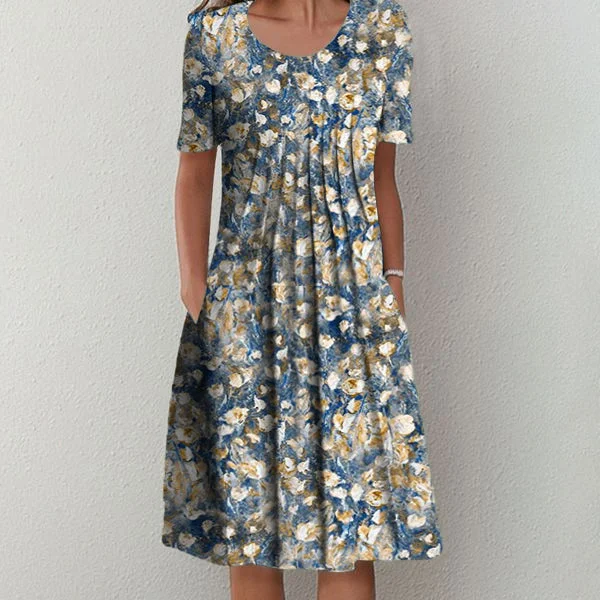 Chic Floral Print Short Sleeve Midi Dress