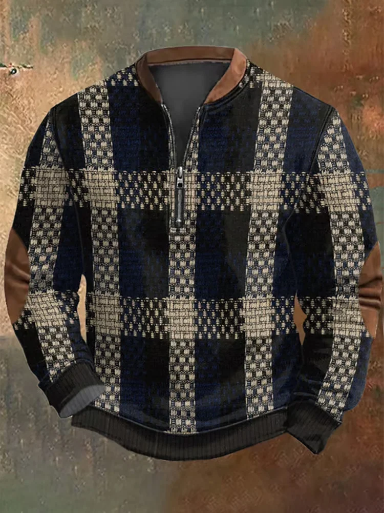 Utbros Men's Retro Western Textured Print Zip Collar Sweatshirt