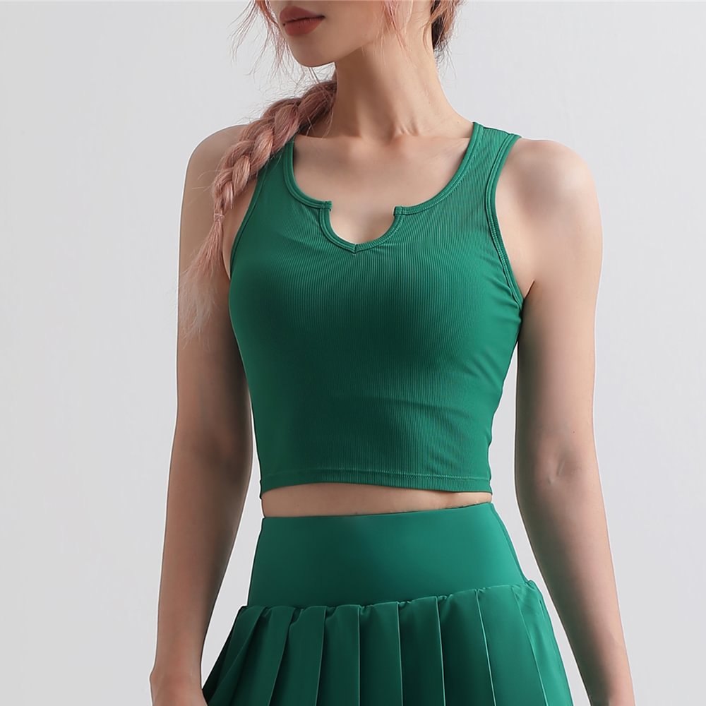 Hergymclothing Green v cut ribbed breathable fitness gym crop tank top vest with removable cups for sale