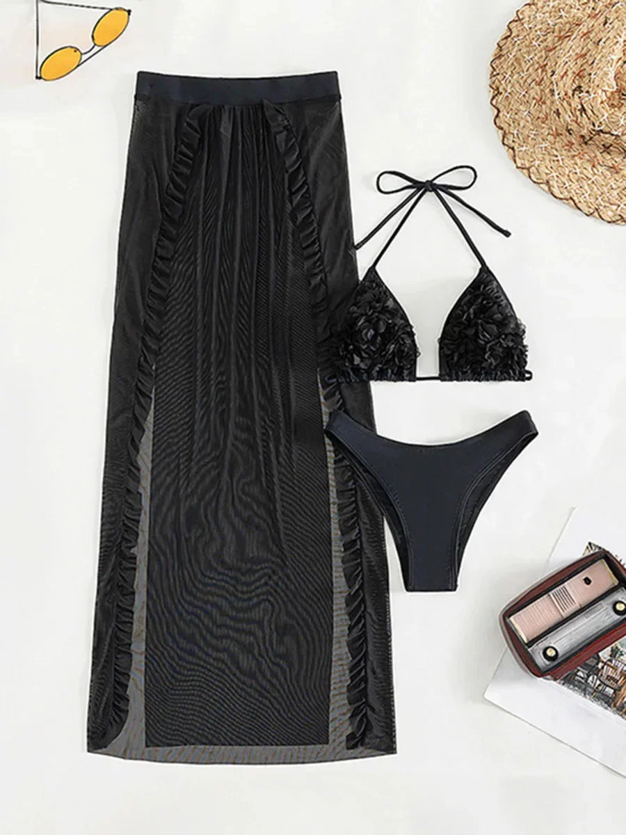 3D Flower Ruffled Bikini with Long Skirt Three Piece Swimsuit