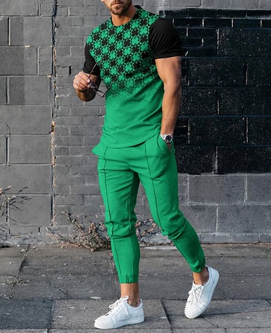 Casual Green Clover Print Short Sleeve T-Shirt & Pants 2Pcs Set