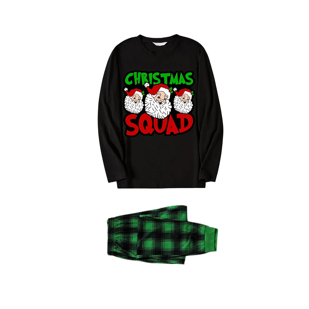 "Santa Squad" and Santa Claus Print Black Long Sleeve Top with Black And Green Plaid Pants Family Matching Pajamas