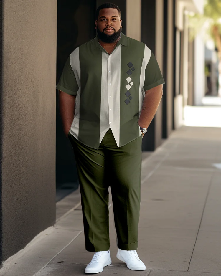 Men's Plus Size Graphic Business Casual Sports Bowling Short Sleeve Shirt Pants Set