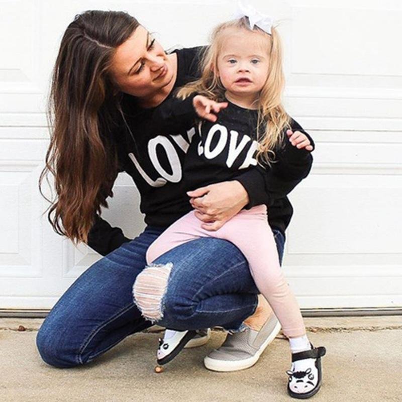 Mommy and Me Round Collar Letter Long Sleeve Matching Tops