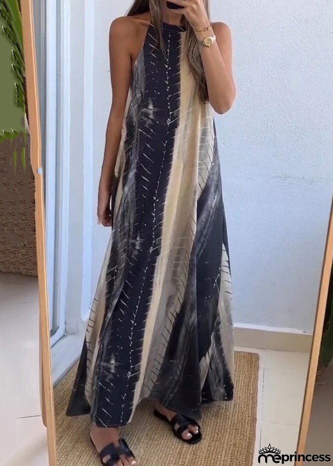 New Colorblock Backless Print Cotton Maxi Dress Sleeveless