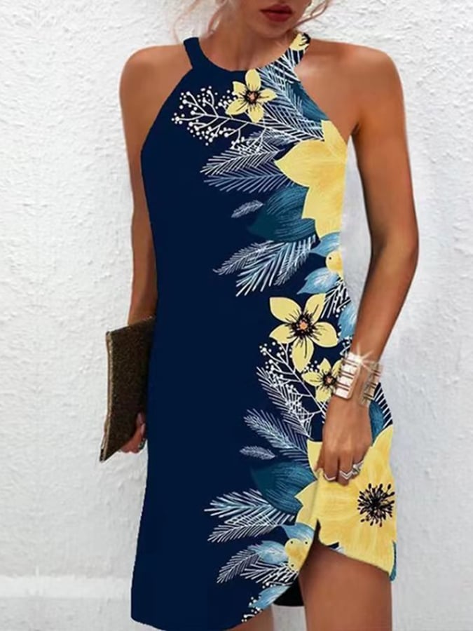 Casual Printed Sleeveless Hanging Neck Dress Women's Clothing