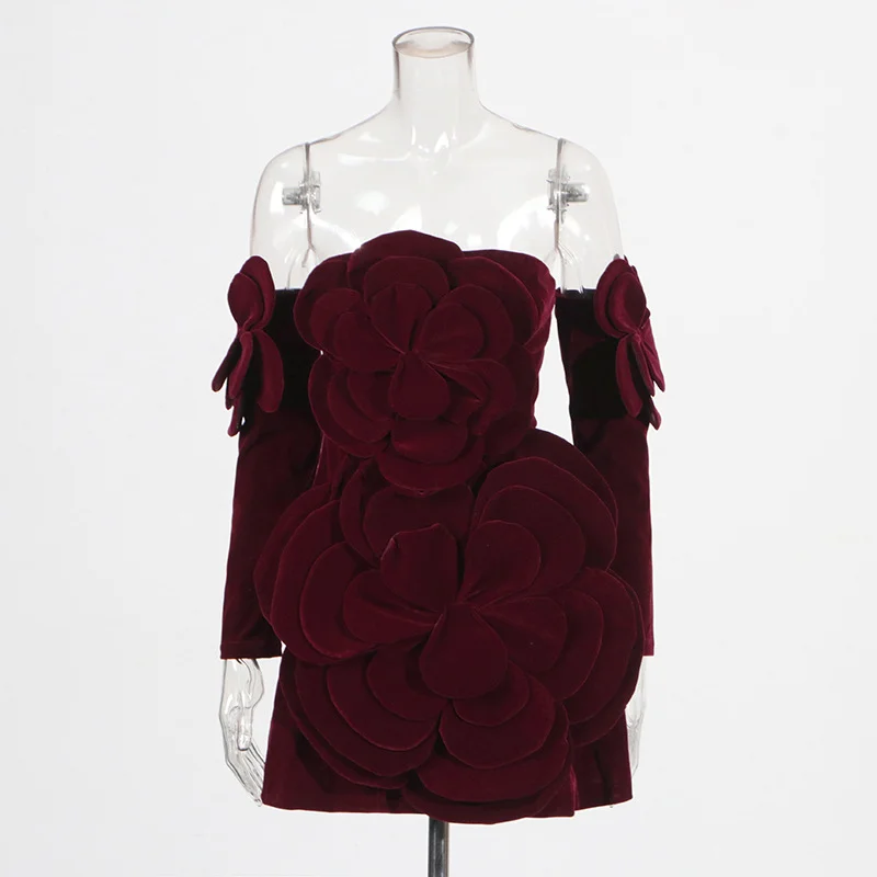 Brownm Design-Sensitive Dress Woman 2025 Spring New Sexy Fashion Three-Dimensional Flowers Splicing Body Bra Short Skirt