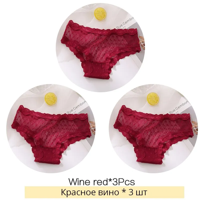 FINETOO Sexy Lace Thongs Women 3Pcs/set Transparent G-string Panties Dots Lace T-back Underwear Fashion Female Underpants M-XL