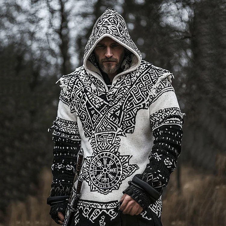 VChics Men's Vintage Viking Runes Inspired Celtic Jacquard Hooded Sweater