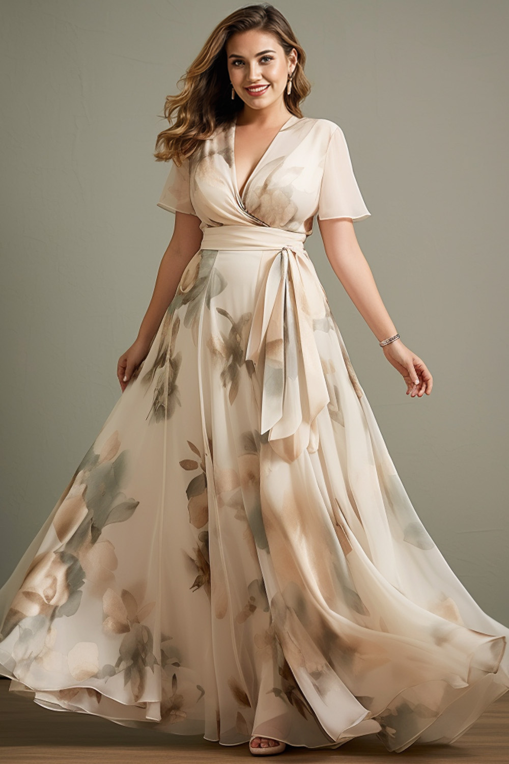 Flycurvy Plus Size Wedding Guest Light Apricot Chiffon Floral Print Wrap Flutter Sleeve Maxi Dress