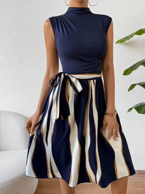Elegant resort-style commuter office patchwork print sleeveless shoulders elegant dress