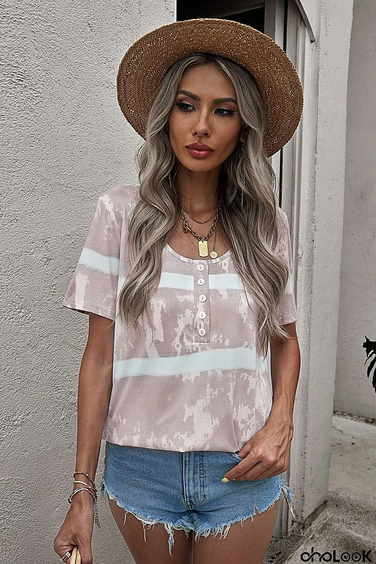 Buttoned Tie-dye Short Sleeve Top