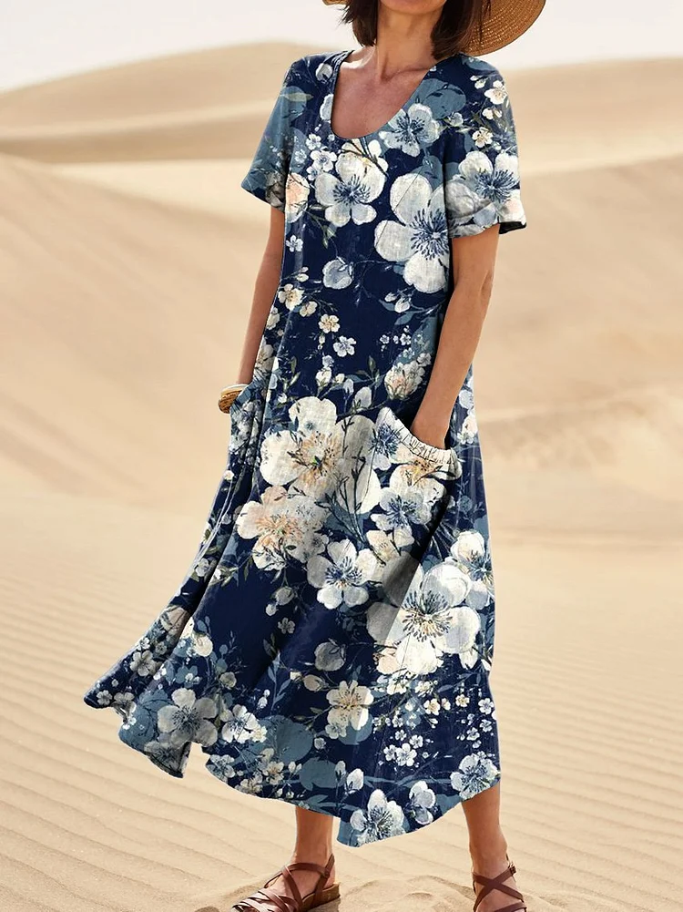 Elegant Dark Blue Floral Print Women's Linen Pocket Dress