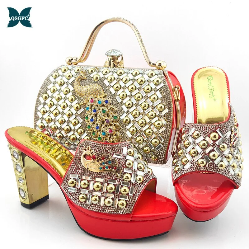 Pretty Italian Women Shoes and Bag Set with Shinning Crystal 2021 Summer High Quality Afrian Lady Shoes and Bag Set for Party