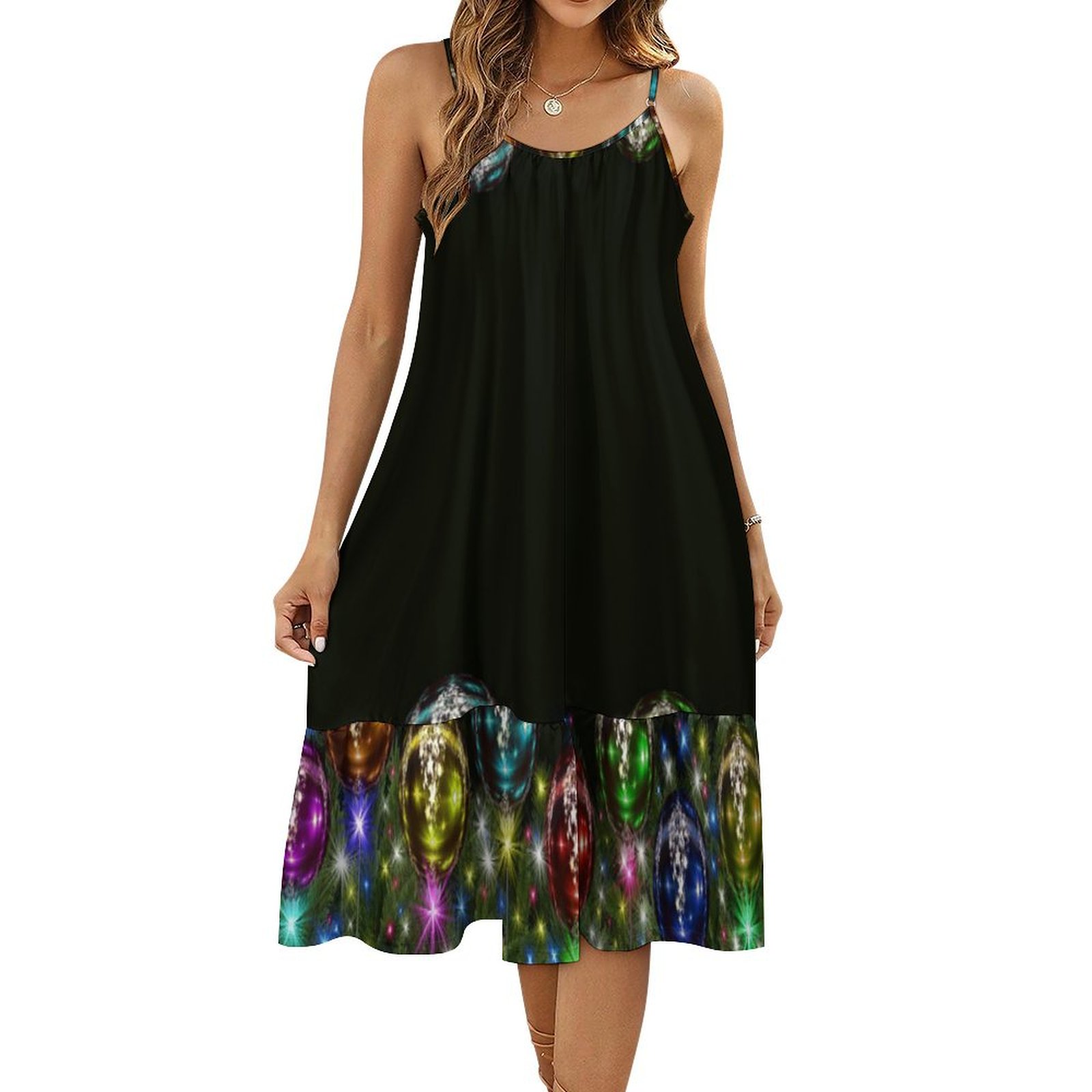 Christmas Colorful Ornts Holidays Black Women's Summer Midi Dress Casual Boho Sleeveless Spaghetti Strap Beach Dresses