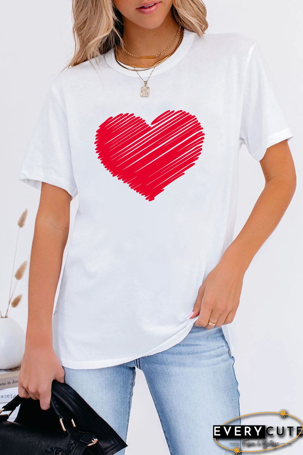 White Valentine Heart-shaped Print Short Sleeve Top