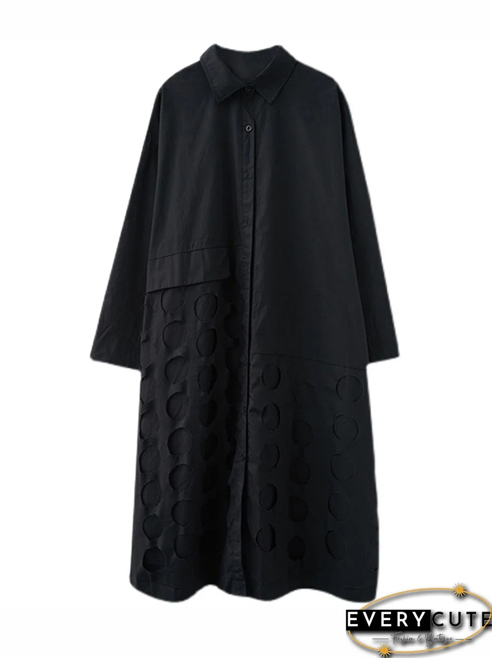 A-Line Long Sleeves Asymmetric Hollow Polka-Dot Solid Color Lapel Midi Dresses