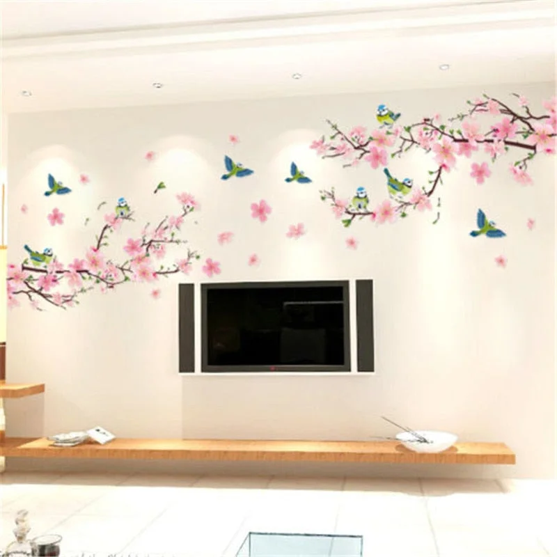 Large Pink Cherry blossoms Tree Butterfly Wall Sticker Vinyl Art Decal Girls Bedroom Living Room Decor Decorative Mural