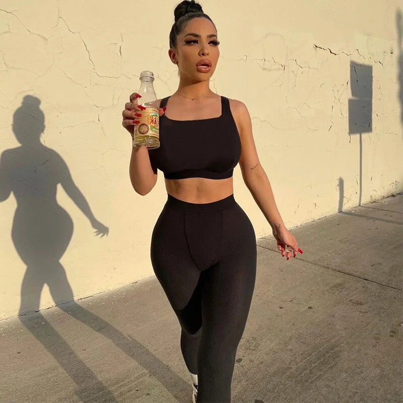 Toloer Sisterlinda Ribbed Knitted Fitness Tracksuit Women Two Piece Set Sexy Skinny Elastici Y2K Camis Tank Top+Pants Sporty Streetwear