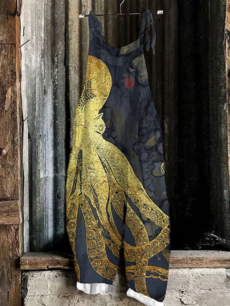 Women's Cute Print Linen Blend Casual Jumpsuit