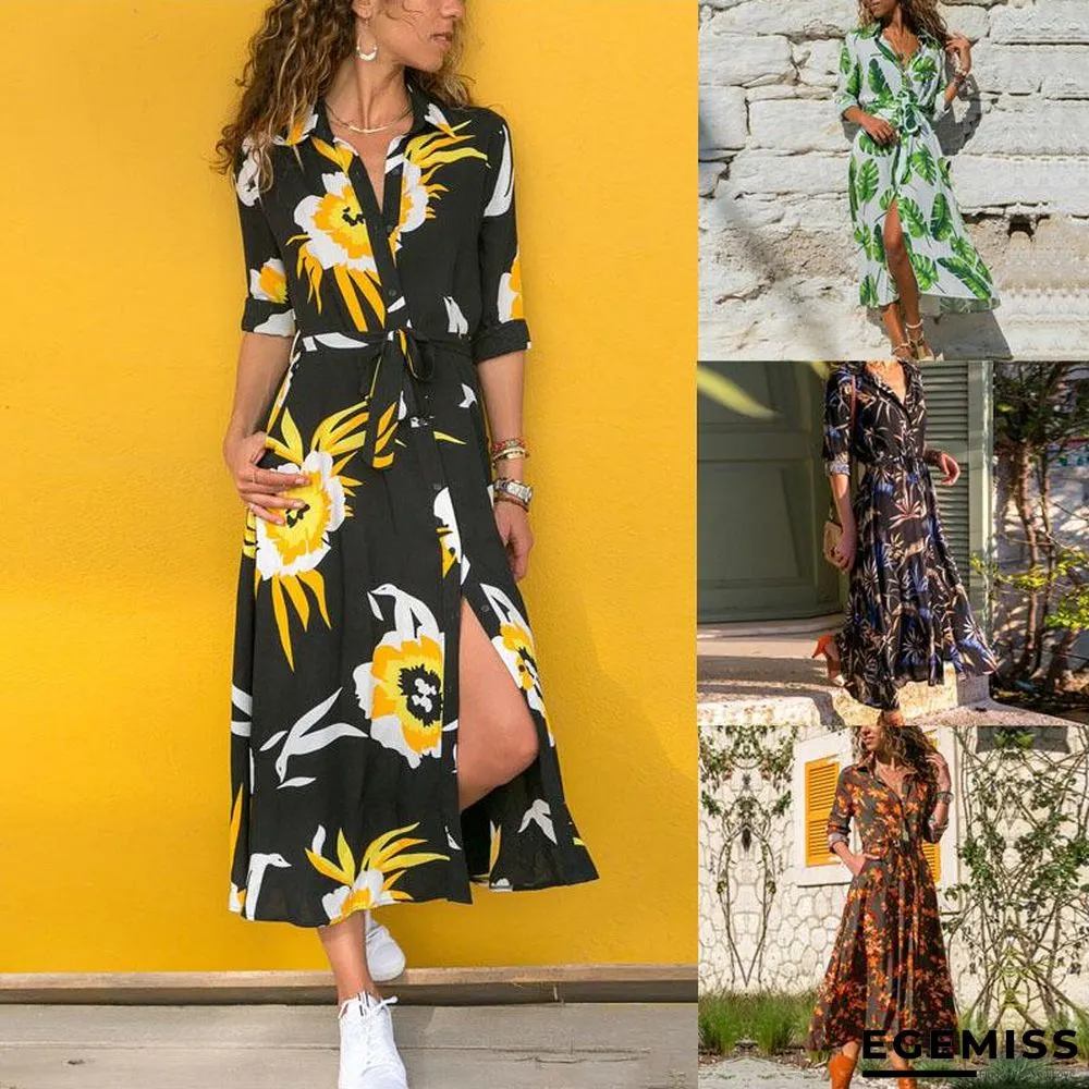 Autumn Printed Long Sleeve Lace Up Women's Dress Black Dresses | EGEMISS