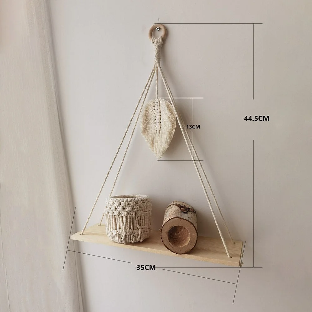 2 pcs Wall Shelves Macrame Plant Storage Hanging Wooden Shelf Boho Home Decor Girls Living Room Decoration Bedroom Candle