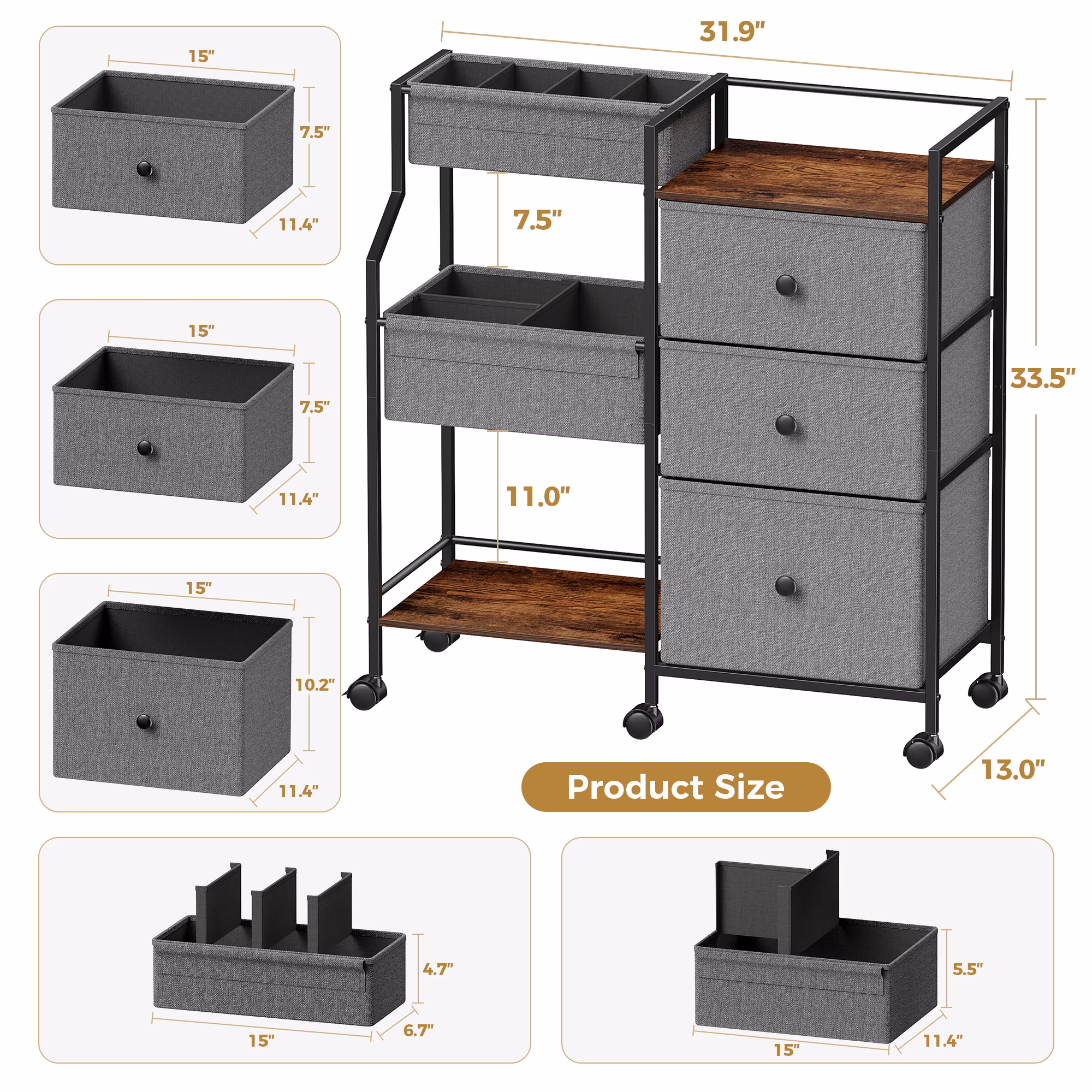 3 Tier Diaper Organizer & Storage Cart for Nursery, Bedroom, Changing Table with Dividers & Drawers