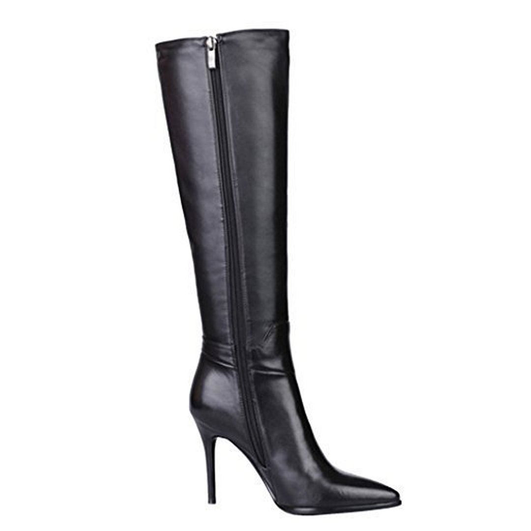 9.5cm Zipper Leather Mid Heels Knee Boots Black-vocosishoes