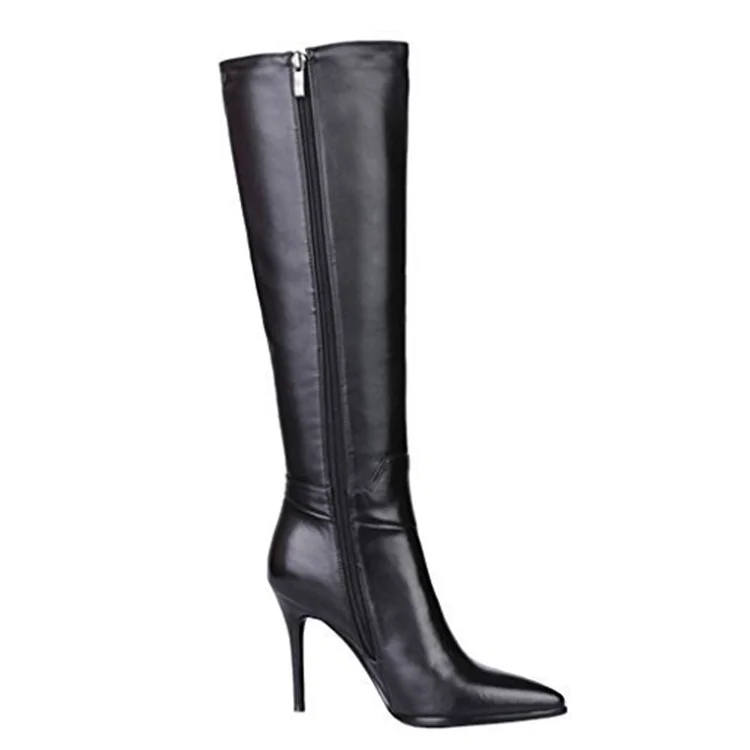 9.5cm Zipper Leather Mid Heels Knee Boots Black VOCOSI VOCOSI