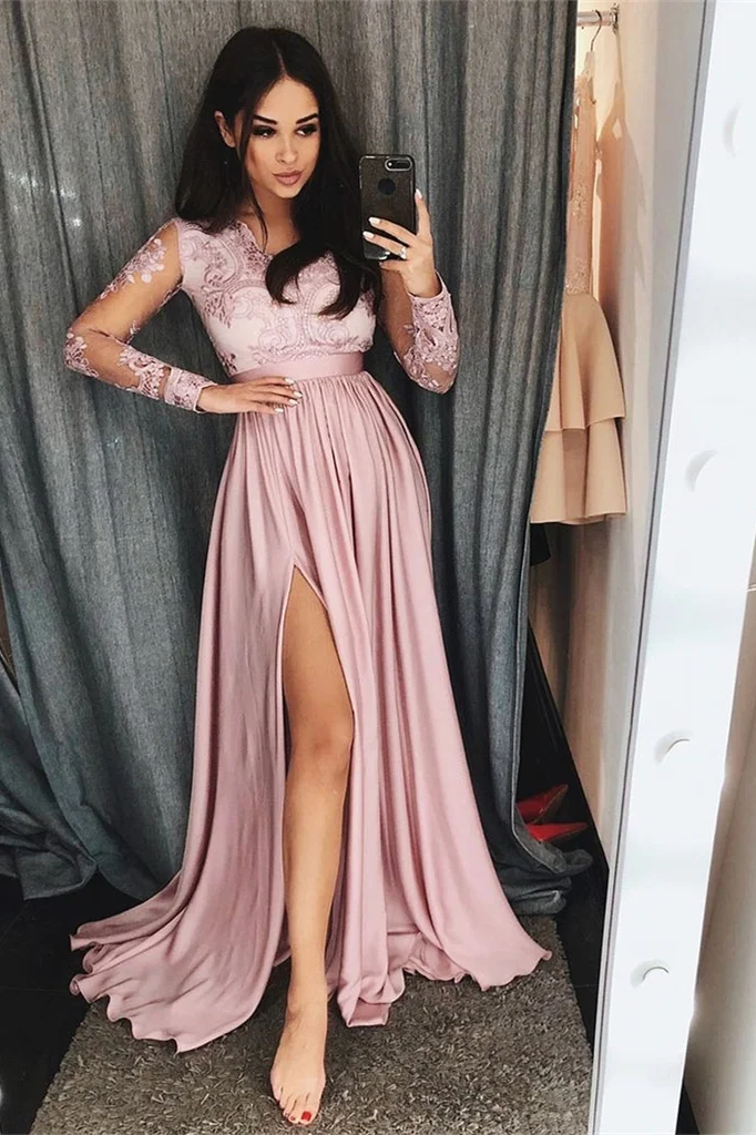 Gorgeous Long Sleeves Split Prom Dress With Lace Appliques - lulusllly