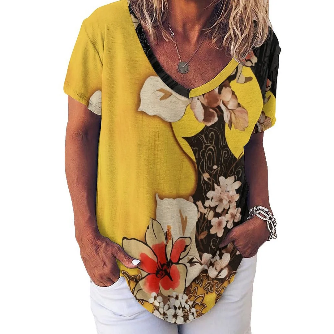 V-neck Short Sleeve Casual T-shirt for  Women Printed with Pattern Floral, Yellow, Red, Black
