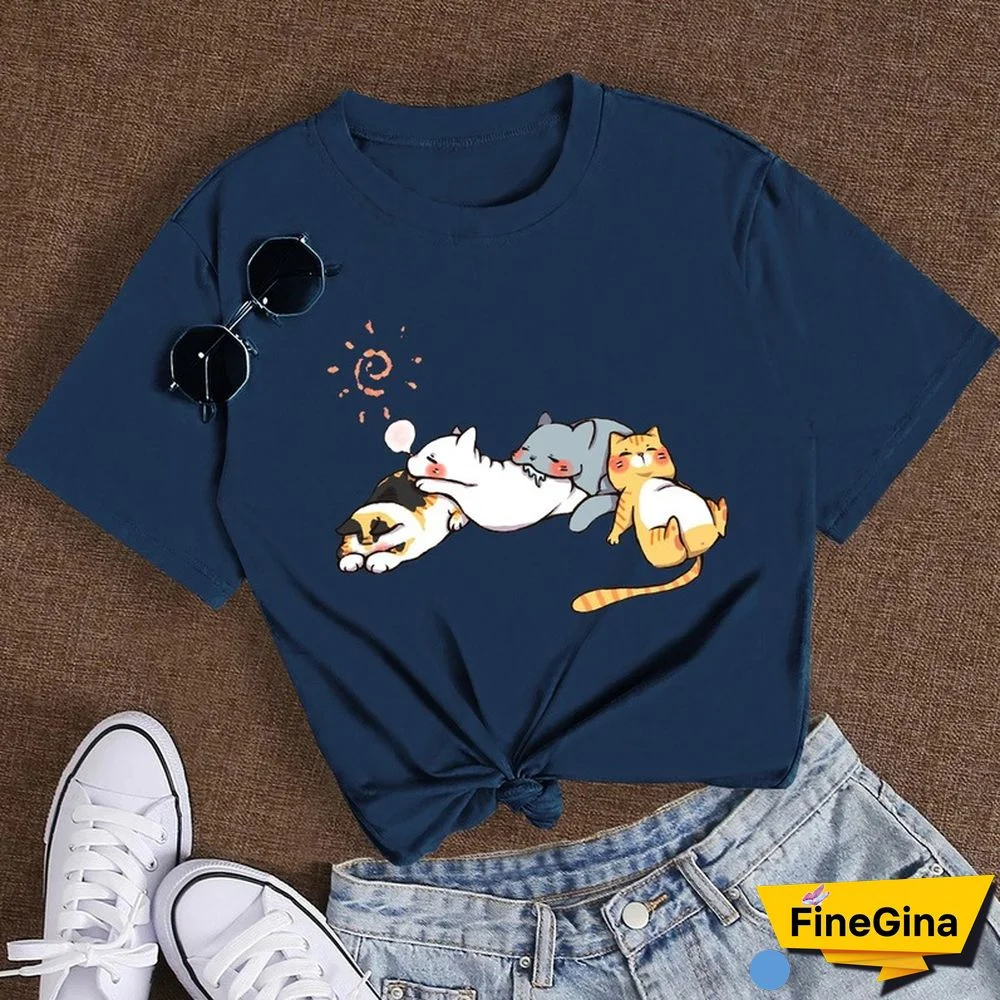 Cotton 100% Women's T Shirt Summer Short Sleeve Nap Cat Print Fashion Kawaii Female Clothes Casual O-Neck Tshirt Ladies Tee Tops