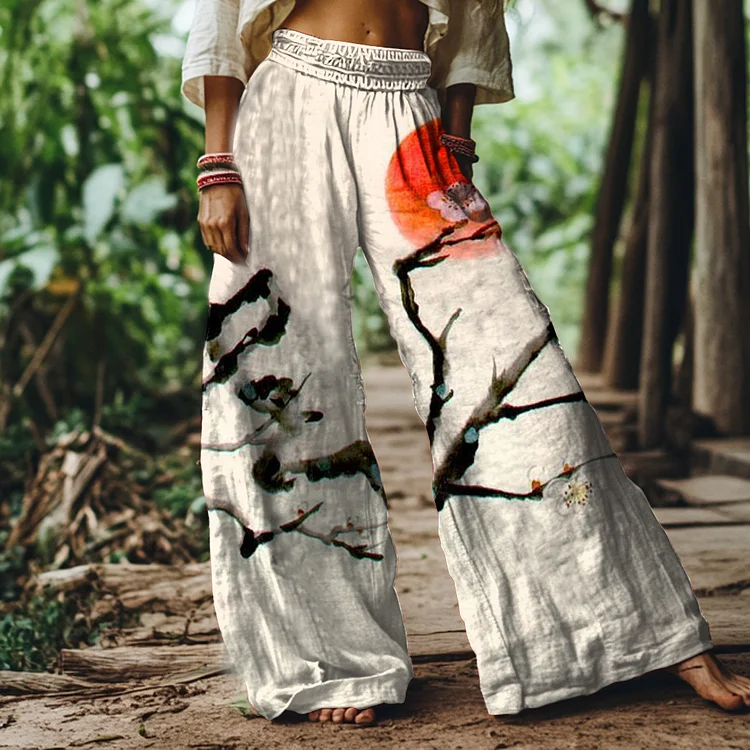 Vintage Floral Sunrise Art Print Loose Fit Pants