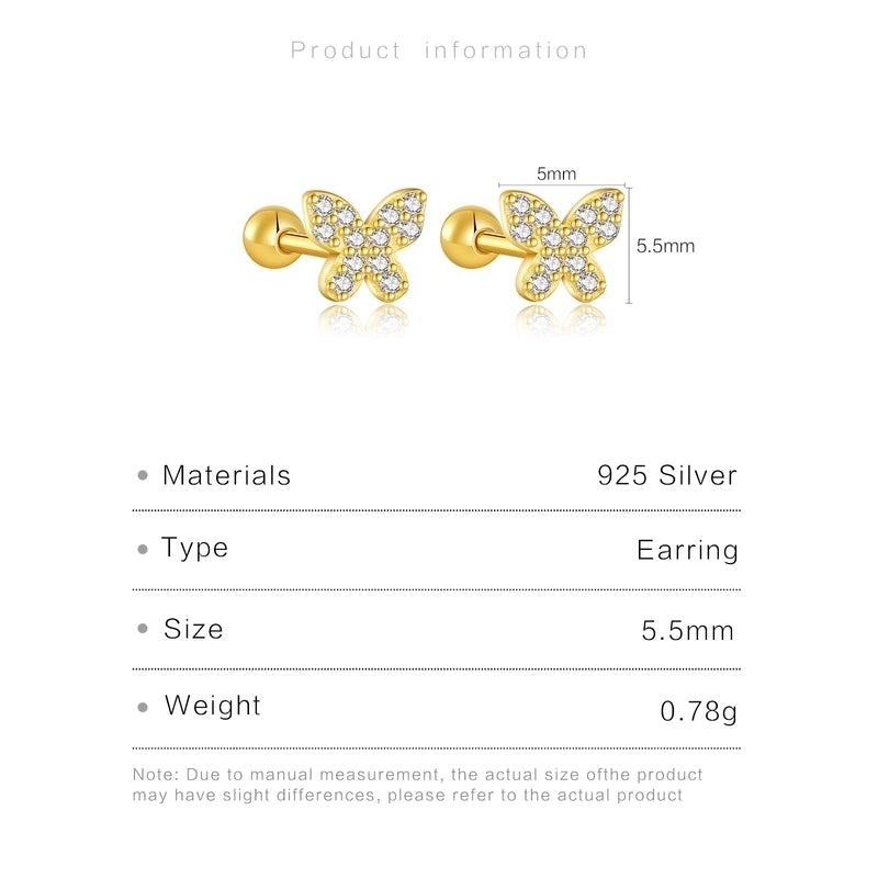 1 Pair 925 Sterling Silver Zircon Butterfly Ear Studs