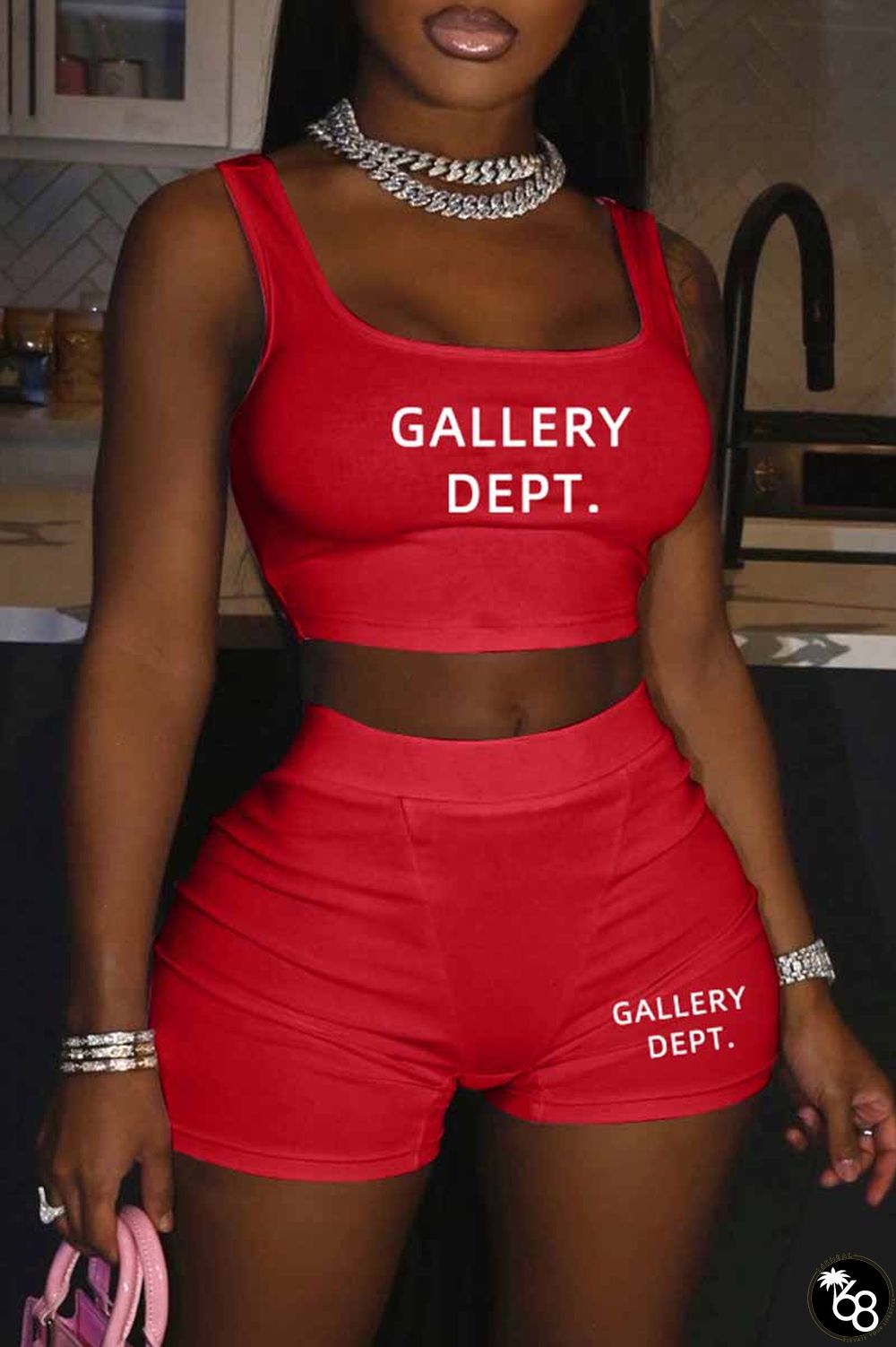 Red Street Print Letter U Neck Sleeveless Two Pieces | 168DEAL