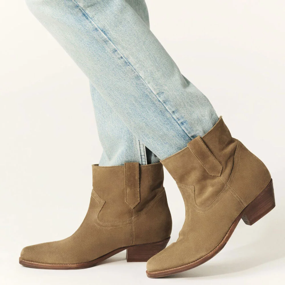 Brown Vegan Suede Pointed Toe Chunky Heel Ankle Boots for Women