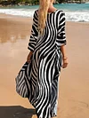 Loose V-Neck Zebra Striped Print Vacation Maxi Dress Cover-Ups Top
