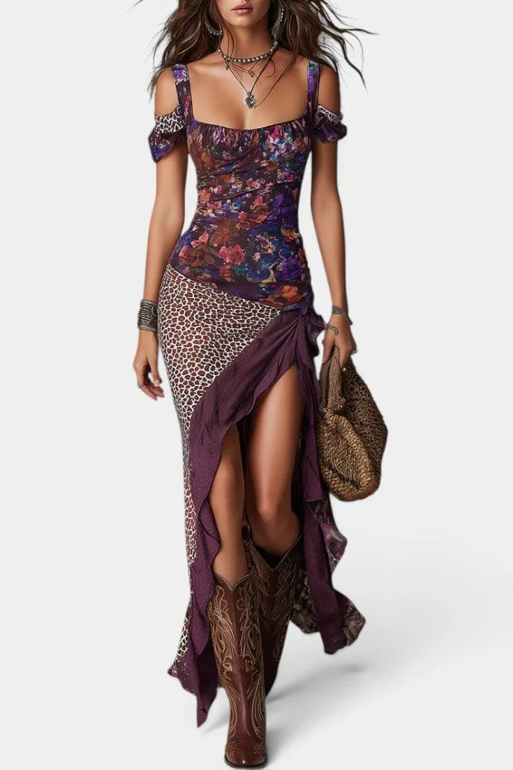 Ruched Off-Shoulder Maxi Dress with Patchwork Slit