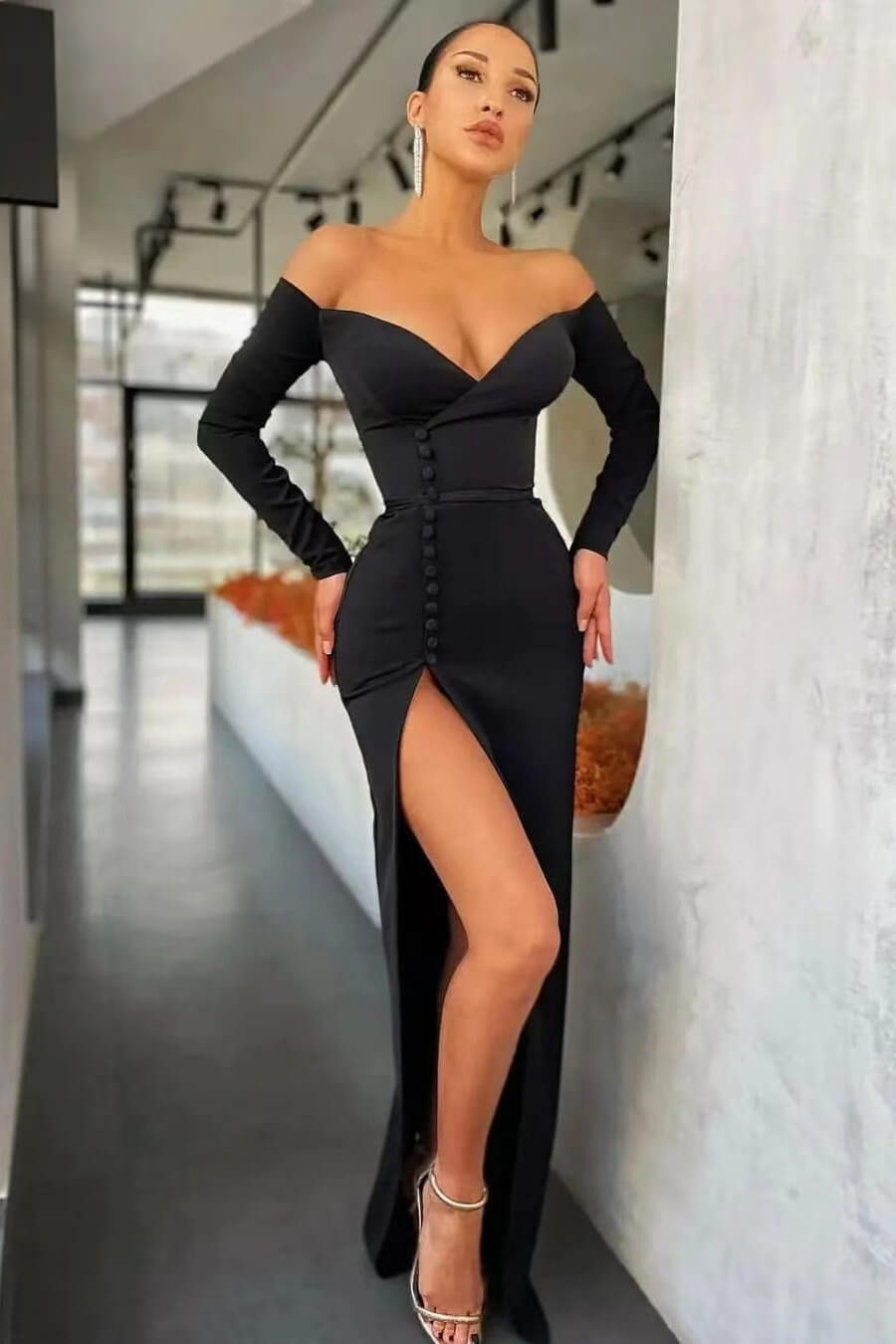 Bellasprom Black Long Sleeves Mermaid Evening Dress Split With Buttons Off-the-Shoulder Bellasprom