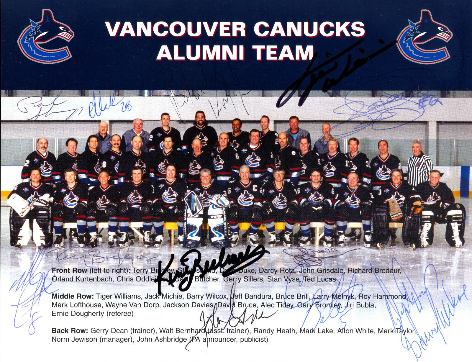 VANCOUVER CANUCKS ALUMNI TEAM Photo Poster painting SIZE 9X11 14 PLAYERS HAND SIGNED AUTOGRAPH