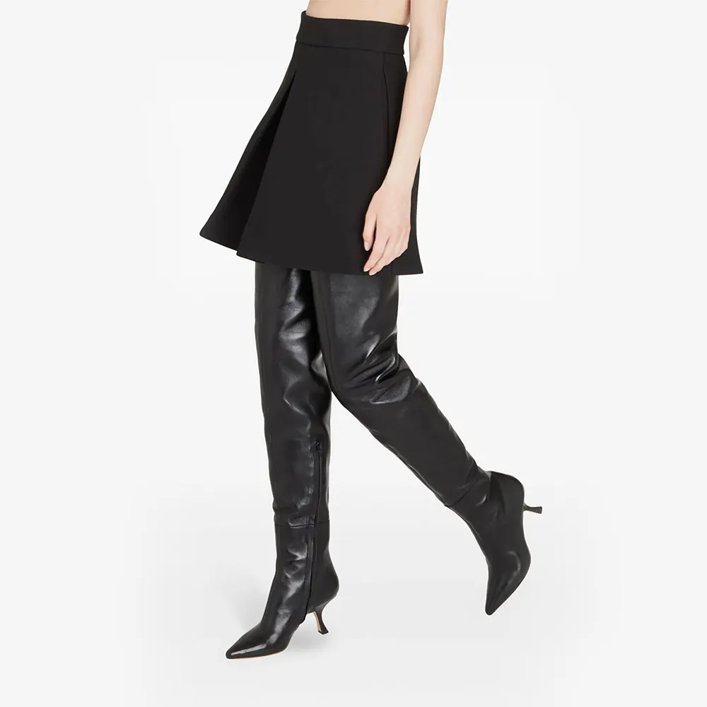 Women's Black Faux Leather Pointed Toe Side Zipper Thigh High Boots