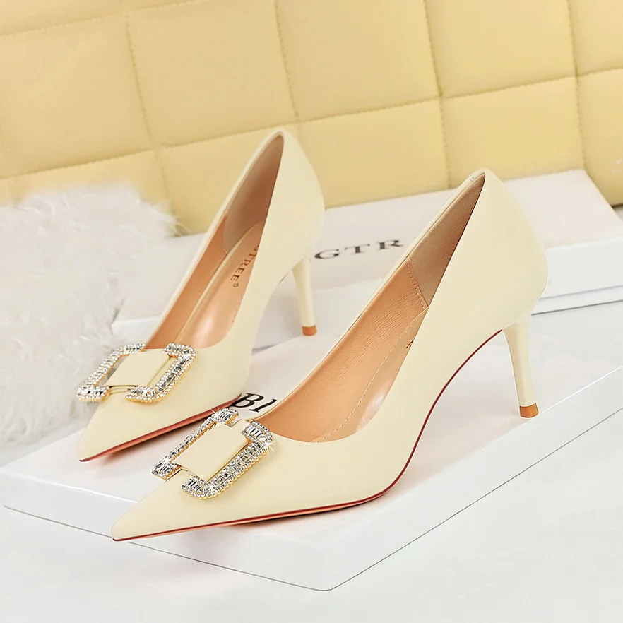 Qengg Qengg 6 Fashion Banquet Women's Shoes Heel High Heel Shallow Pointed Water Diamond Buckle Single Shoes High Heels Women