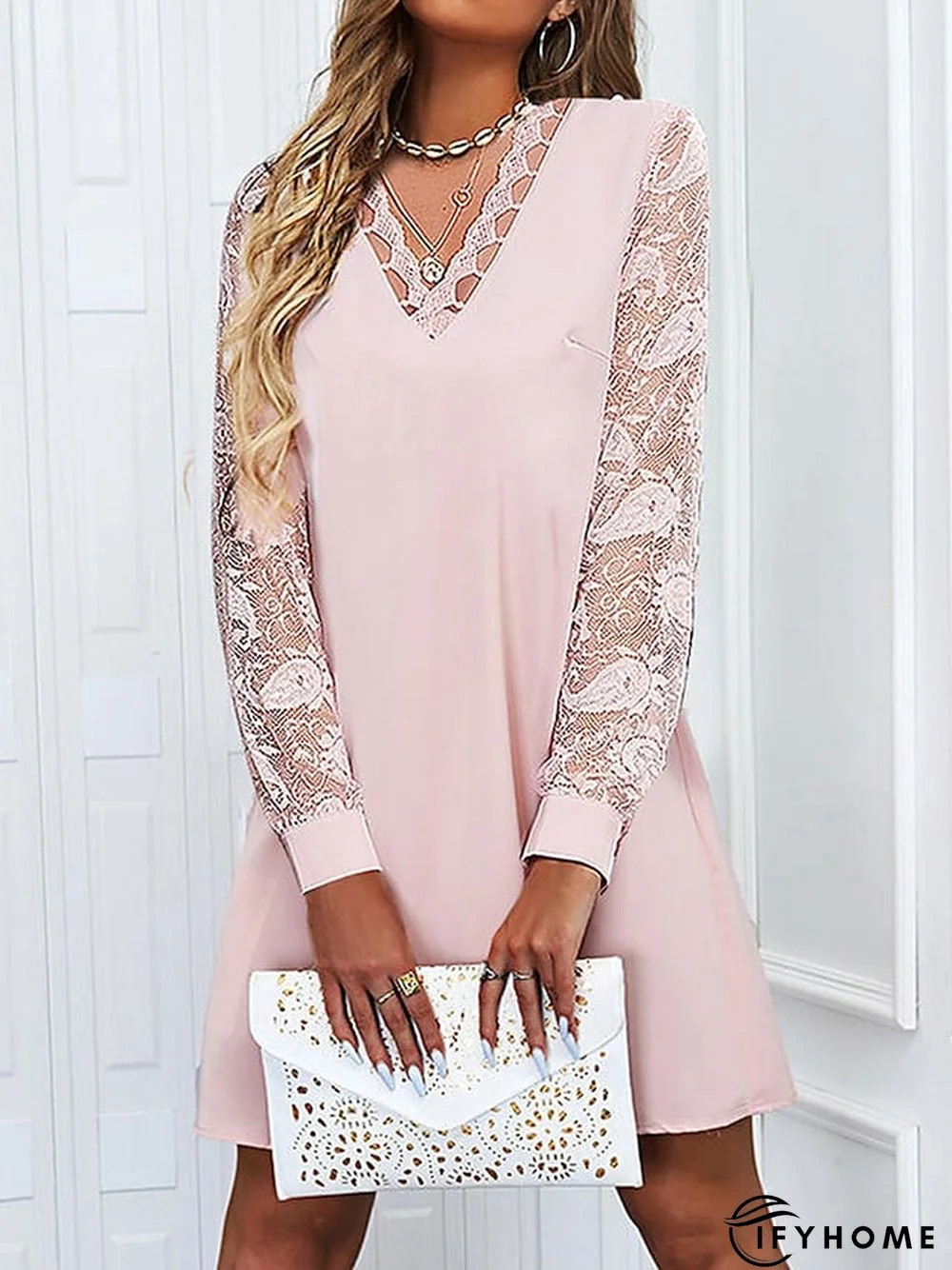 Women's Casual Dress Lace Dress Shift Dress Plain Lace V Neck Lace Sleeve Mini Dress Fashion Classic Daily Date Long Sleeve Loose Fit Pink Spring Summer S M L XL XXL | IFYHOME