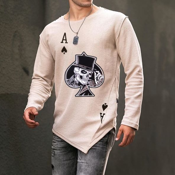 Casual street skull poker print long sleeve T-shirt / [viawink] /