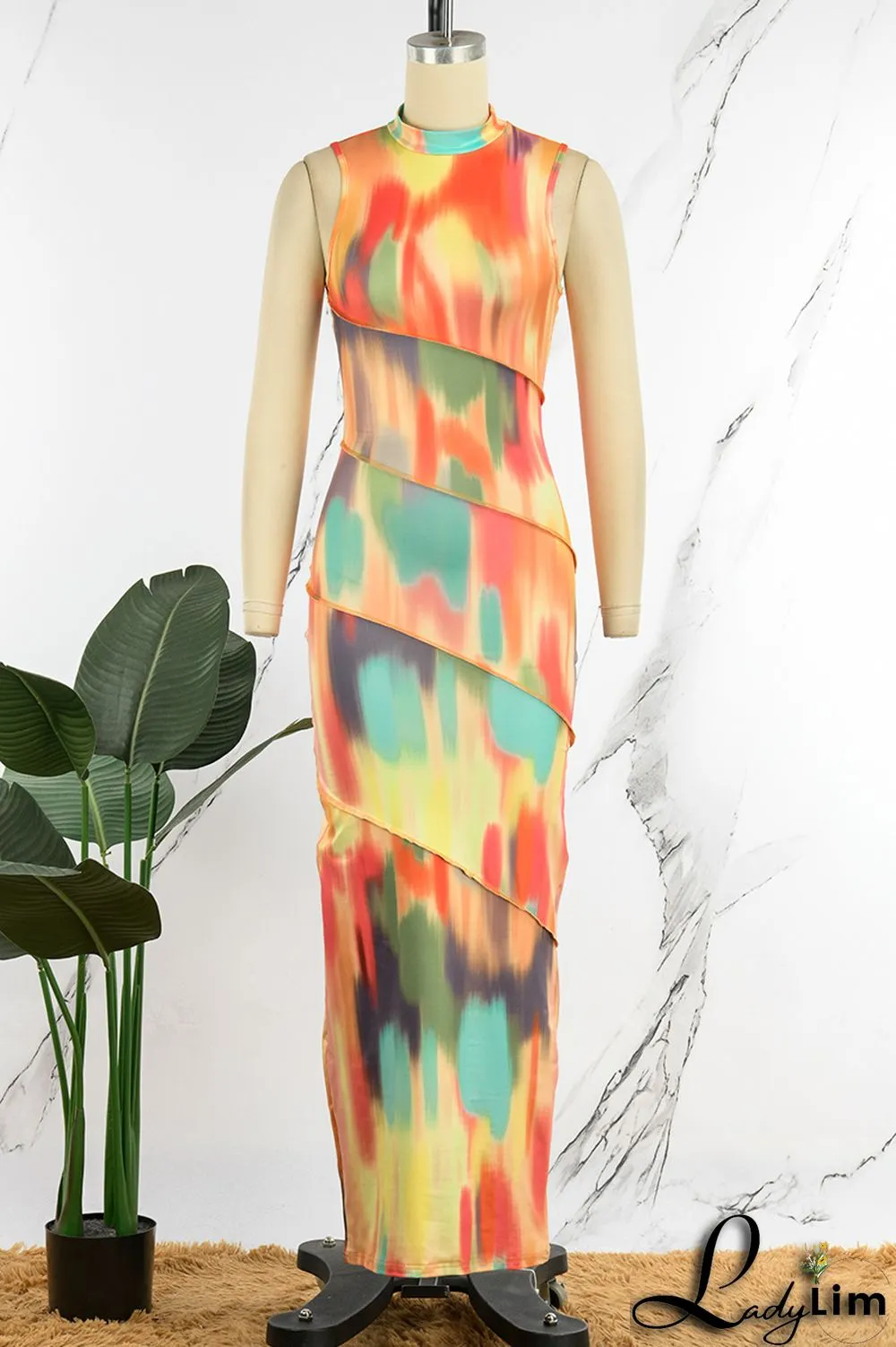 Colour Sexy Print Patchwork O Neck One Step Skirt Dresses