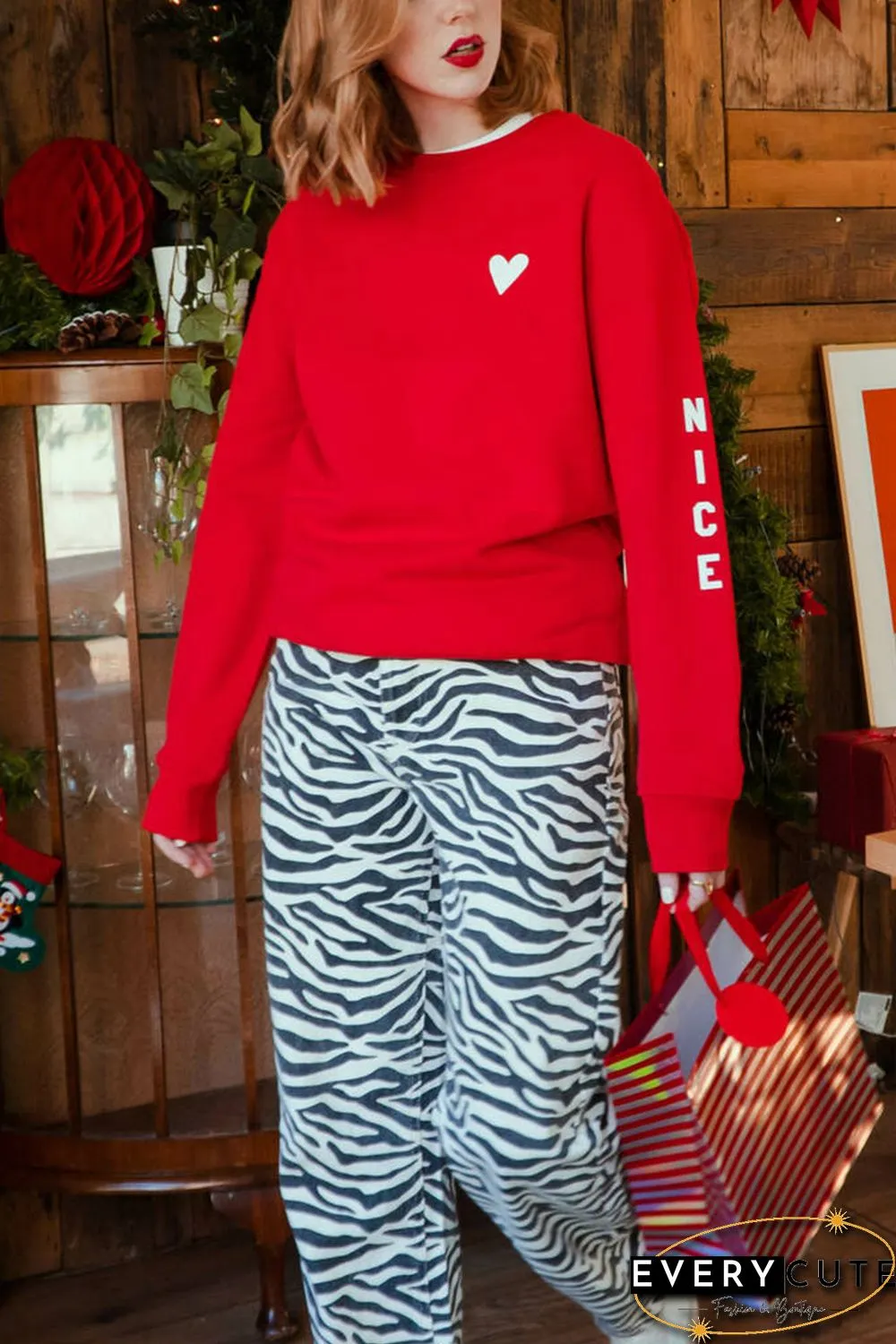 Red Letters Print Long Sleeve Pullover Sweatshirt