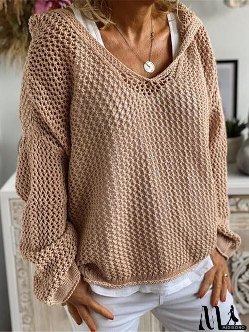 MidiSono - Openwork Hooded Long Sleeve Sweater
