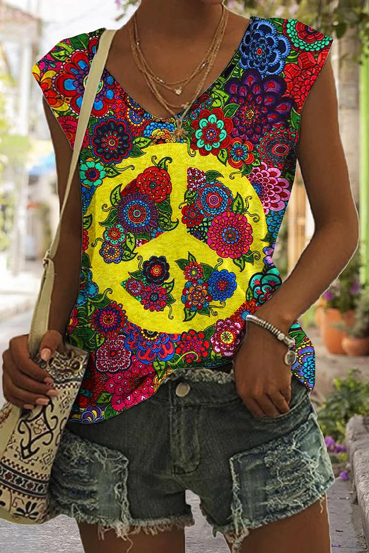 🔥kukelife🔥Hippie Psychedelic Starts Checkerboard Mosaic Art Pattern V-Neck Tank Top